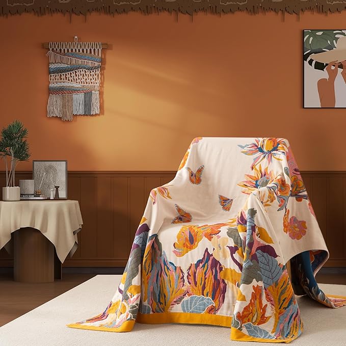 Boho Throw Blanket Queen Size, Oversized Soft Cozy Cotton Muslin Quilt Blanket for Bed Decor, Floral Patterned Couch Sofa Chair Cover, Vintage Farmhouse Cottage Woven Blanket, Yellow&Blue-Ruum Studio Home
