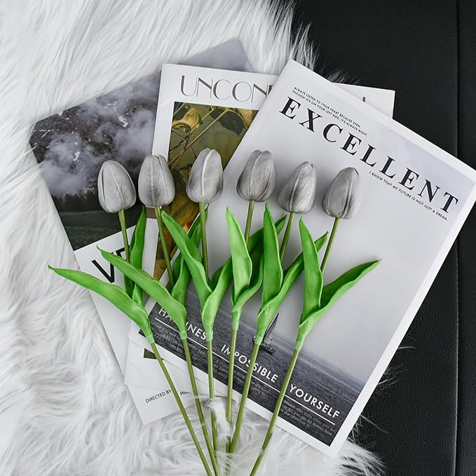 Mandy's Artificial Tulips 20 Stems Silver Grey PU Faux Flowers for Wedding Home Decor 13.5 Inch-Ruum Studio Home