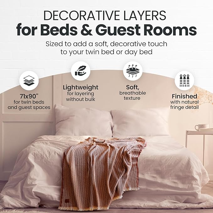 Gold Case Throw Blanket for Bed – 100% Recycled Turkish Cotton Bed Blanket – Decorative Throw Cotton Blankets for Living Room & Bedroom – Woven Twin Blankets – Vintage Beige – 71x90-Ruum Studio Home