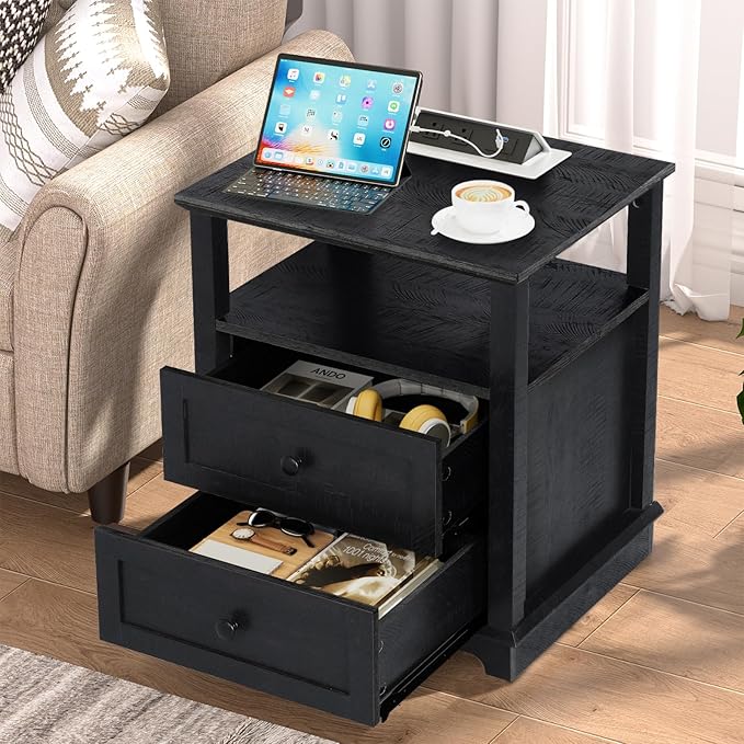 HIFYOBRO Large End Table Set of 2, 2 Drawers and Charging Station, Type-C & USB Port & Power outlets, Wooden End Table, Side Table with Storage for Living Room and Bedroom (Espresso)-Ruum Studio Home