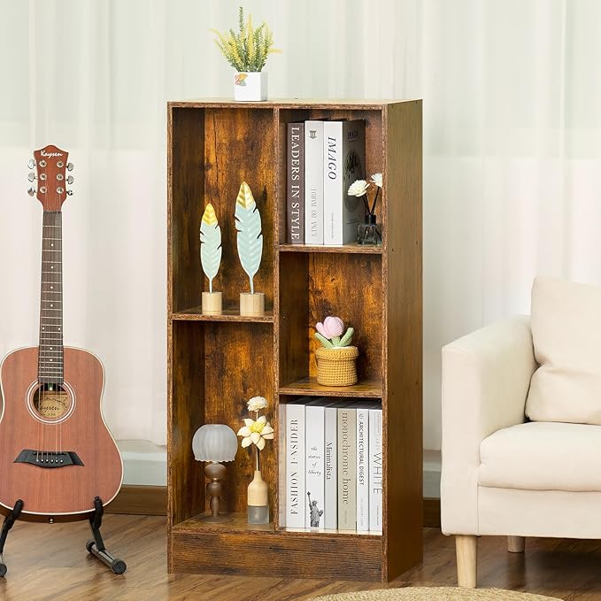 LEYAOYAO 5 Cube Mid-Century Modern Brown Wood Bookcase, 3 Tier Storage Organizer Shelf, Rustic Display Cabinet for Bedroom, Living Room, Office-Ruum Studio Home