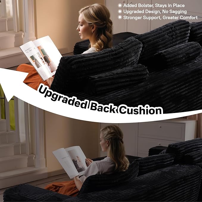104" Cloudy Sectional L Shaped Couch for Living Room, No Assembly Required, Modular Comfy Sofa with Deep Seat, Fluffy Couch with Sleeper Chaise for Apartment Lounge (Black)-Ruum Studio Home