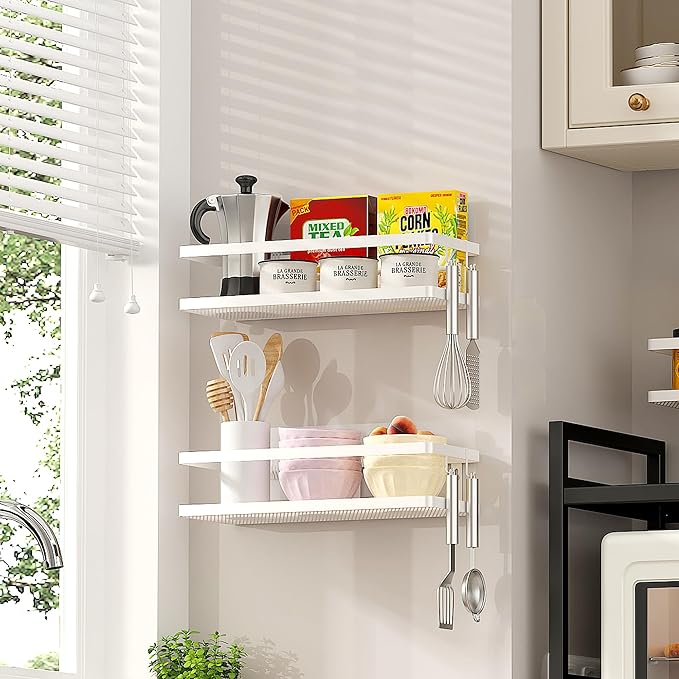 PUSDON Hanging Storage Baskets Organizer Wall Mount, Metal Wire Storage Bin Rack for Kitchen Bathroom Shower Spice Shelf Home Decor Essentials White-2 Packs (Guardrail)-Ruum Studio Home