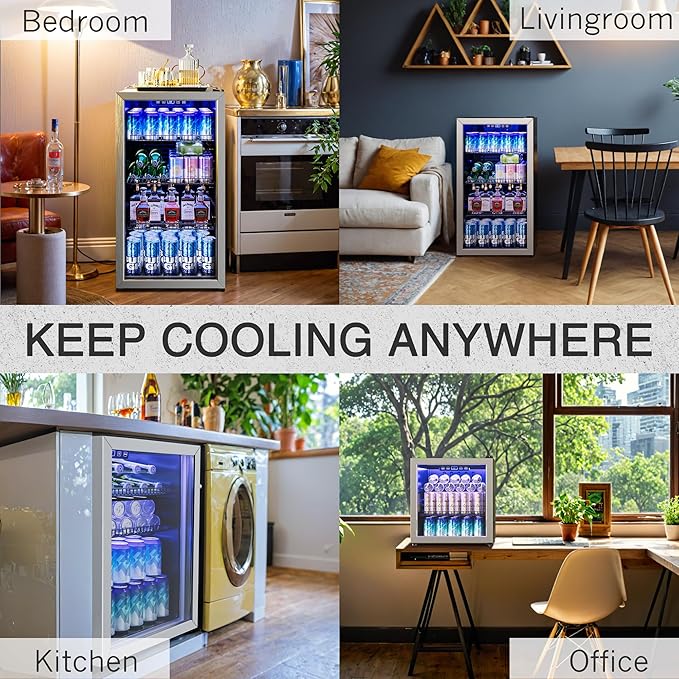 2.5 Cu.Ft Beverage Fridge, Mini Fridge With Glass Door, Beverage Cooler Refrigerator, Wine Drink Beer Cooler, Adjustable Shelves & Digital Temperature Display, 22 Bottle 95 Can-Ruum Studio Home