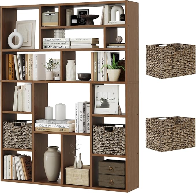 6-Tier Large Open Bookcase 71” Tall Sturdy Wooden Bookshelf with Baskets,Modern Style 16-Cube Home Display Shelf for Bedroom, Living Room（Oak Color）-Ruum Studio Home
