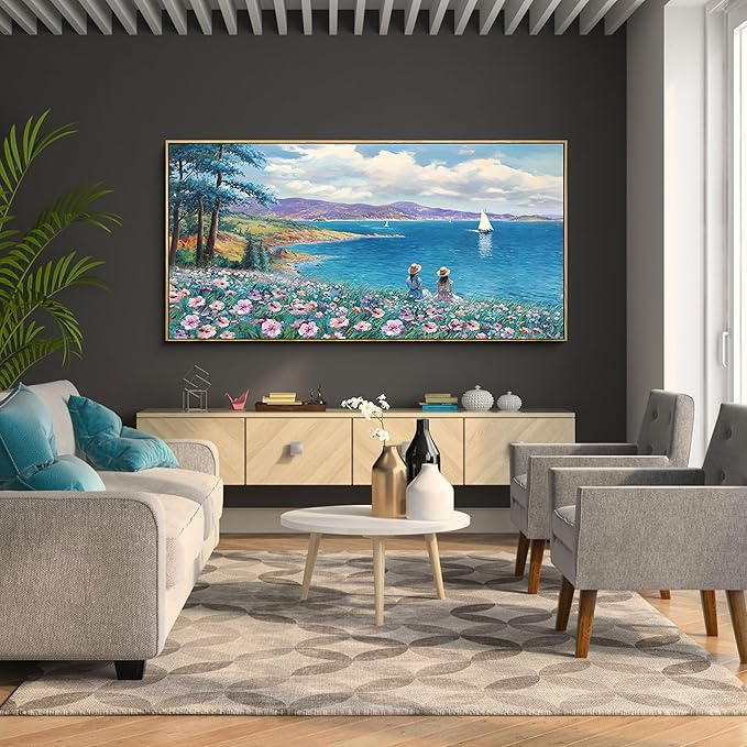 XLSJERST Large Landscape Wall Art - Blue Ocean Pink Flower Sailboat Mountain Tree Decor Orange Frame Artwork for Wall Large Picture for Living Room Bedroom Home Office Wall Decoration Size 24x48-Ruum Studio Home