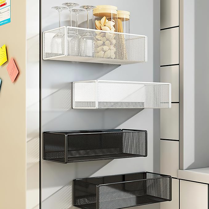 Magnetic Basket Organizer Holder for Fridge Magnetic Storage Bin Box Containers for Refrigerator Whiteboard Classroom (Large, White)-Ruum Studio Home