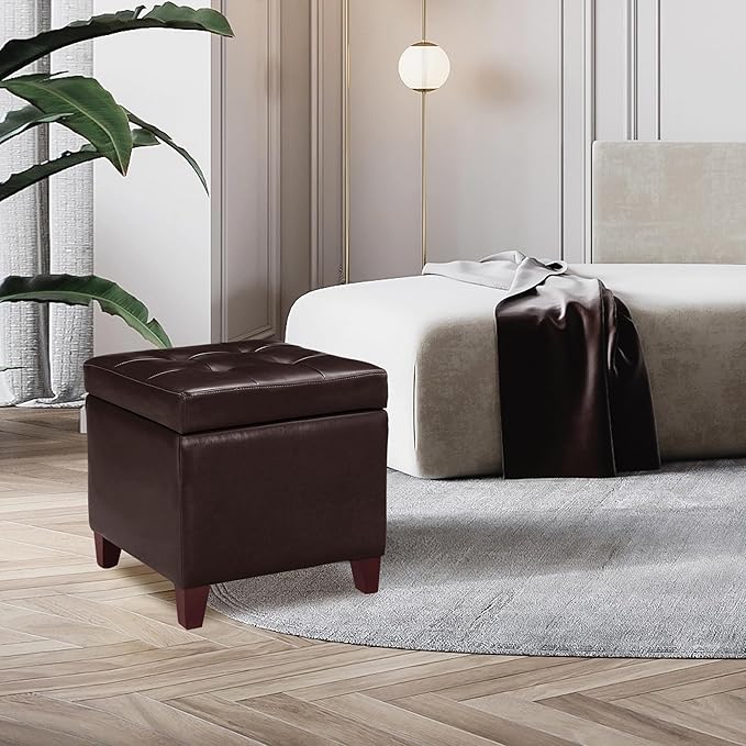Adeco Bonded Leather Square Tufted Footstool, 18", Brown Storage Ottomans,-Ruum Studio Home