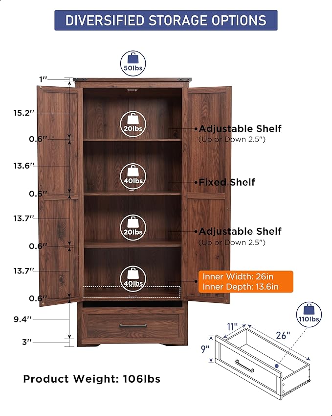 72" Tall Wood Storage Cabinet, Farmhouse Kitchen Pantry Cabinet with Adjustable Shelves & Drawer & Barn Doors, Versatile Storage for Kitchen, Dining Room, Bathroom, Brown-Ruum Studio Home
