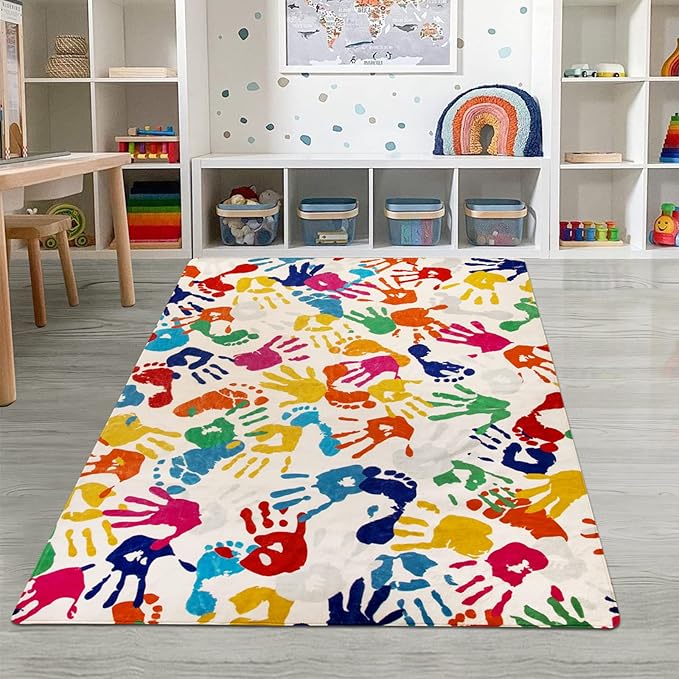 STARUIA Handprints and Footprints Large Kids Rug 5'x7', Washable Colorful Area Rug for Nursery Room, Non-Slip Play Mat Ultra Soft Indoor Carpet for Bedroom Playroom Classroom-Ruum Studio Home
