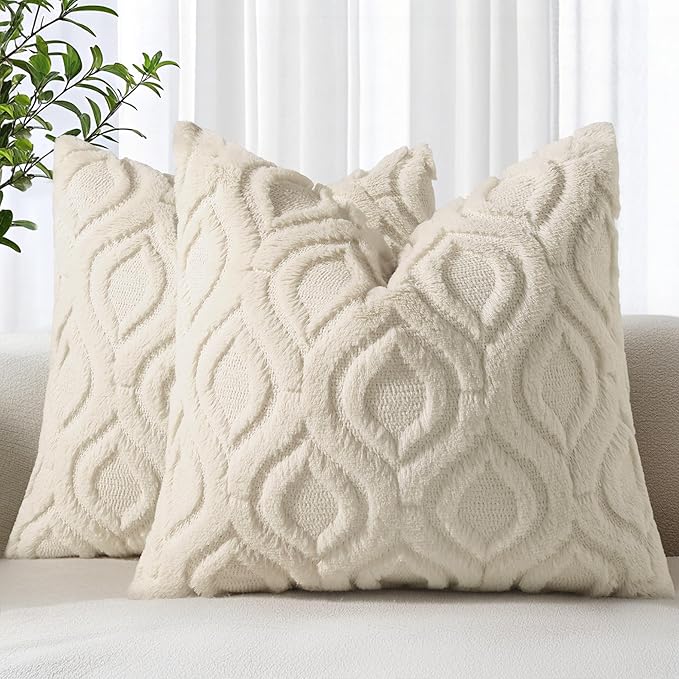 decorUhome Spring Decorative Throw Pillow Covers 20x20, Soft Plush Faux Wool Couch Pillow Covers for Home, Set of 2, Beige-Ruum Studio Home