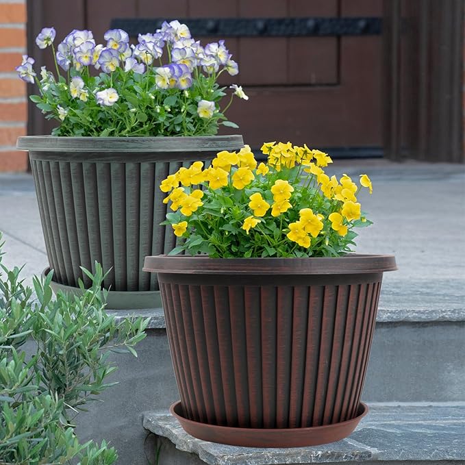 12 inch Plant Pots Indoor Outdoor, 4 Pack Large Planter, Plastic Flower Pots with Saucer and Drainage Holes, Modern Decorative Resin Garden Pots for House Plants-Ruum Studio Home