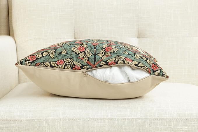 Charlotte Home Furnishings Pimpernel Red Green Floral Throw Pillow Cover 18” x 18” – Double-Sided Tapestry Cushion Cover for Couch, Sofa, or Bed | 100% Cotton Jacquard Woven in Europe-Ruum Studio Home