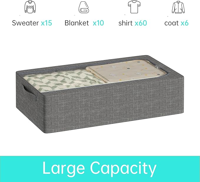 3PCS Under Bed Storage Bins with Metal Frame, Linen Fabric Frame Storage Box Clothes Organizer Bins, Underbed Container with Clear Window (Dark Grey, 15.7 x 13 x 6IN)-Ruum Studio Home