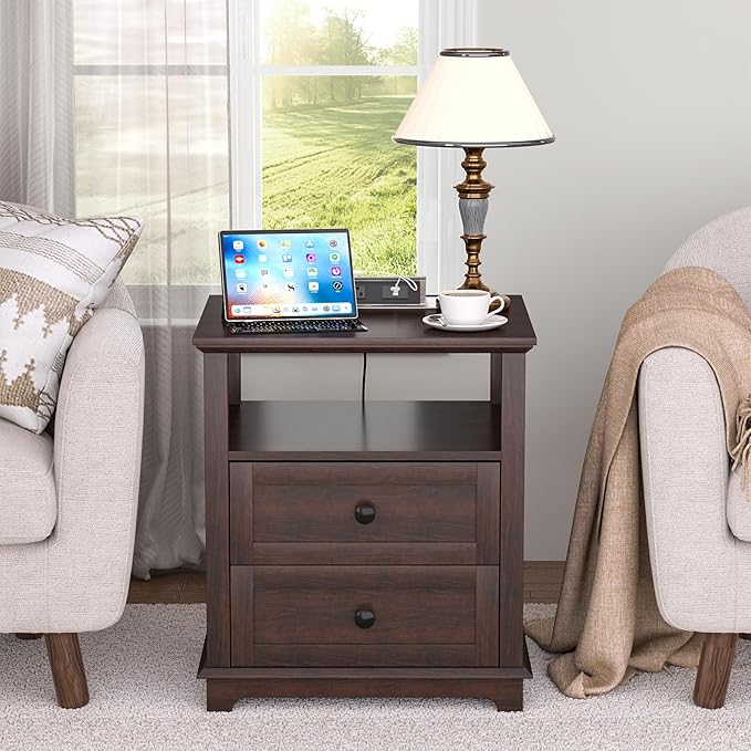 HIFYOBRO 24" Tall End Table with 2 Drawers and Charging Station, Type-C & USB Port & Power outlets, Wooden Storage Cabinet, 21" W Large Side Table with Storage for Living Room and Bedroom (Espresso)-Ruum Studio Home