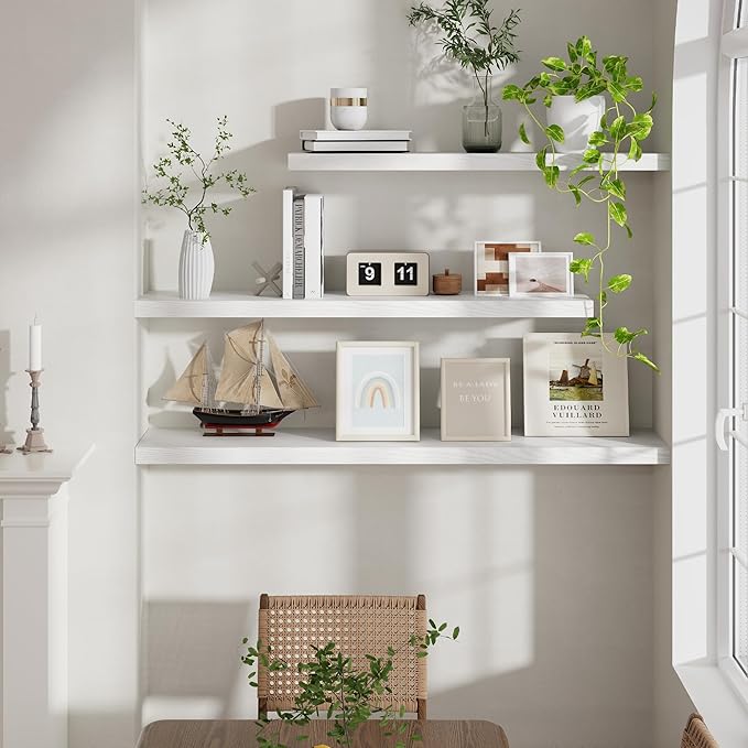 40 Inch Floating Shelves White, 40" W x 9" D Floating Shelf Set of 2, Farmhouse Wood Wall Shelves for Bedroom, Kitchen, Wall Mounted Deep Shelving for Home Decor-Ruum Studio Home