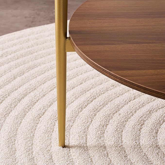 Round Coffee Table, Mid-Century Modern Design, D30“ x H17”, for Living Room, 2-Tier Structure, Clear Glass Top and Walnut MDF Shelf, Sleek Conical Metal Legs with Gold Finish-Ruum Studio Home