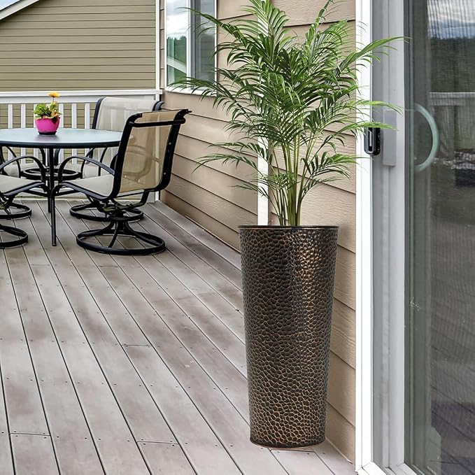 Worth Garden 2-Pack 28" H. Metal Planters with 2X Inside Pots - Hand-Hammered Texture Tall Narrow Cone Plant Pots - Large Handcrafted Bronze Flower Pot for Indoor Outdoor, Deck, Patio, Front Porch-Ruum Studio Home