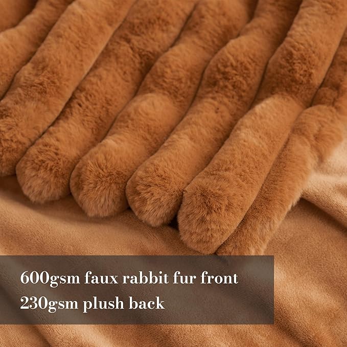 Amélie Home Faux Fur Throw Blanket for Couch, Cozy Fuzzy Fluffy Fur Luxurious Soft Striped Plush Gift Blankets for Family Sofa Chair Bed Living Room Bedroom, 55"x70", Brown-Ruum Studio Home