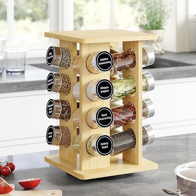 WelFurGeer Bamboo Spice Rack Organizer for Countertop, Revolving Spice Shelf with 16 Glass Jars, Lids & Labels, Desktop Rotating Seasoning Organizer for Kitchens, Space-Saving Design-Ruum Studio Home