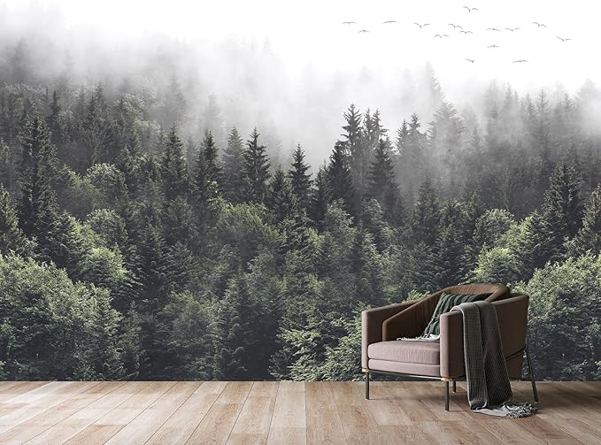 WFBHUA-Foggy Forest Woodland Wallpaper Green Nature Landscapes Wall Murals for Bedroom Living Room(Not Peel and Stick)-Ruum Studio Home
