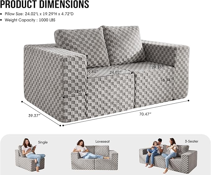 Modular Sectional Sofa 2 Seater Loveseat Modular Couch with Deep Seat Memory Foam Cloud Chair with Pillows Oversized Sectional Sofa for Living Room Bedroom (Plush Grey, Loveseat)-Ruum Studio Home