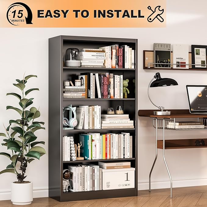 66" Tall Metal Bookcase, 5 Shelf Black Bookcase with Adjustable Shelves, Large Bookshelves and Bookcases, Modern Book Shelf Storage Organizer for Living Room, Home Office, Library (Black)-Ruum Studio Home