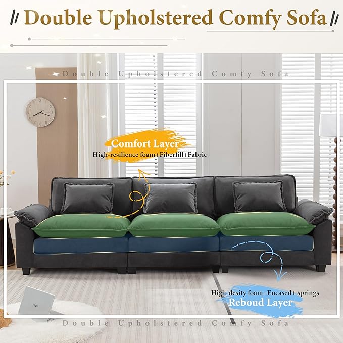 URRED Modular Sectional Sofa Comfy Cloud Couch, Modern Velvet Sofa Sleeper Deep Seat Couches with Ottoman/Pillows for Living Room (Dark Gray, 117'')-Ruum Studio Home