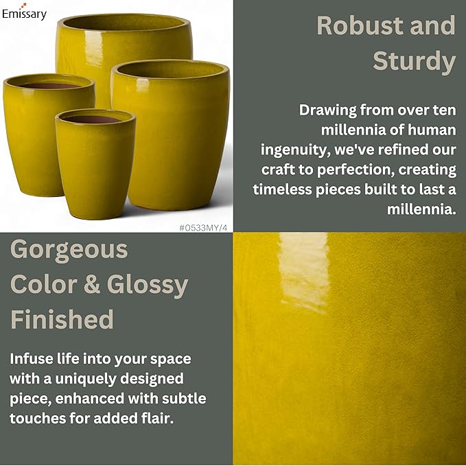 Emissary Bullet 18 in. Mustard Yellow Ceramic Round Planter (18 in. L x 18 in. W x 21 in. H) with Drainage Hole-Ruum Studio Home
