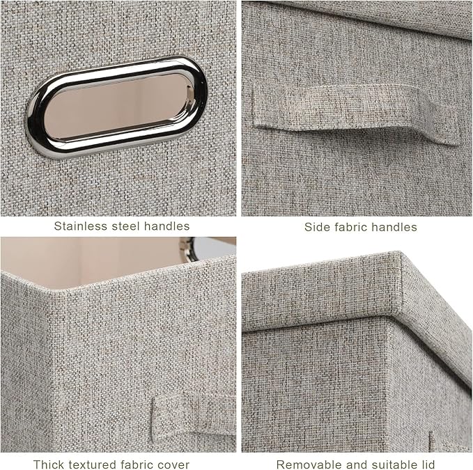 Medium 15" 21 Quart Collapsible Stackable Storage Bins with Lids, 5 Packs Beige Foldable Fabric Closet Boxes Heavy-duty Lidded Linen Cube Baskets Container Organizers and Storage-Ruum Studio Home