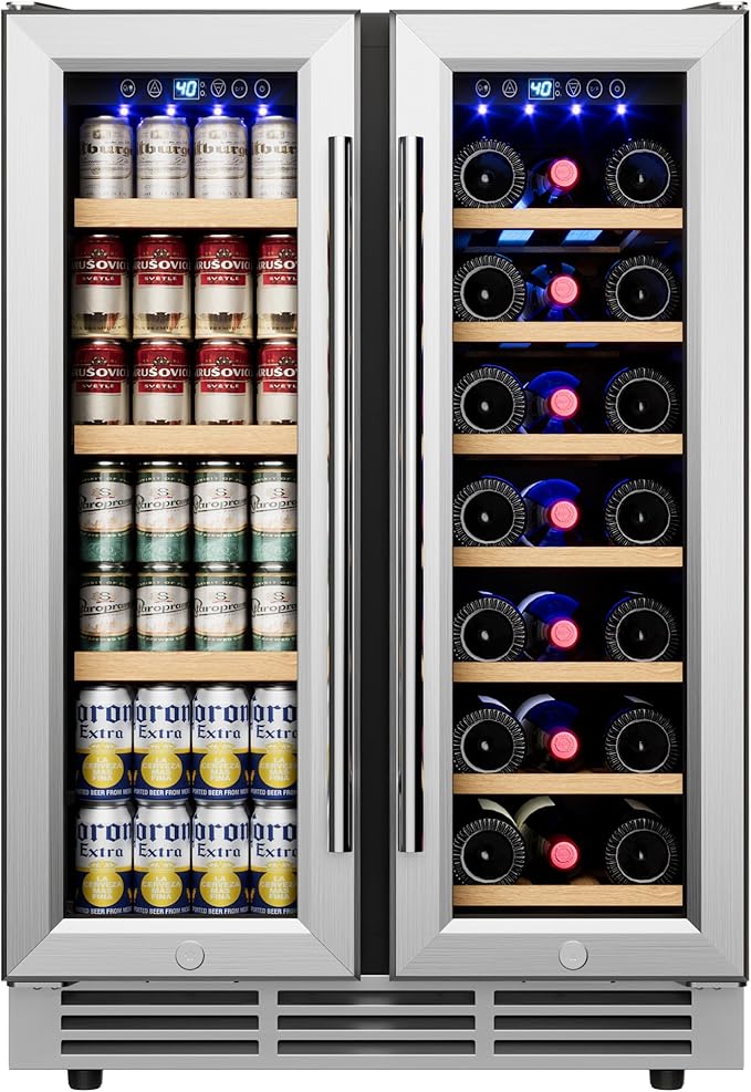 24" Wine and Beverage Refrigerator, Dual Zone Wine Cooler with Glass Door, Hold 88 Cans & 21 Bottles, Built in or Freestanding Under Counter Wine Fridge with Blue LED Light.-Ruum Studio Home