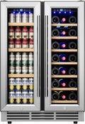 24" Wine and Beverage Refrigerator, Dual Zone Wine Cooler with Glass Door, Hold 88 Cans & 21 Bottles, Built in or Freestanding Under Counter Wine Fridge with Blue LED Light.-Ruum Studio Home
