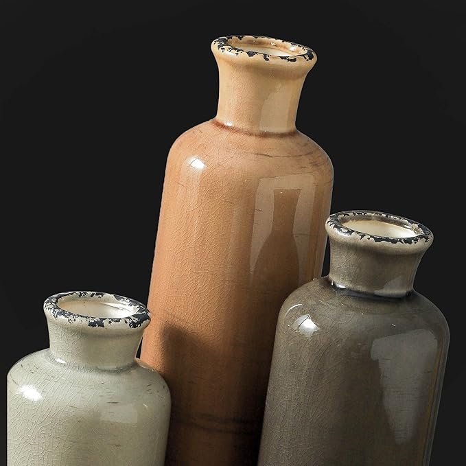 Ceramic Vase Set of 3, Neutral Flower Vases Home Decor, Pottery Rustic Farmhouse Decorative Vases Modern Decor for Table Mantel Entryway Bookshelf Living Room Kitchen Bedroom - Brown-Ruum Studio Home
