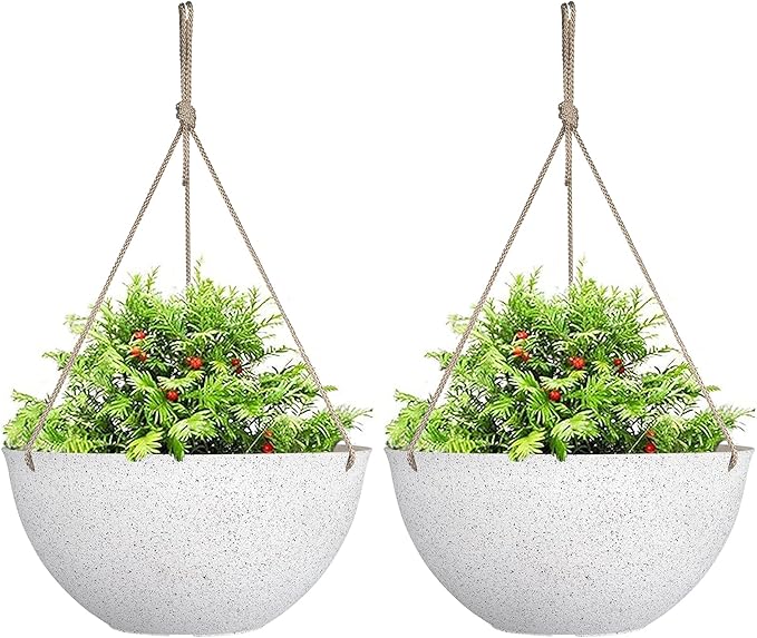 LA JOLIE MUSE Large Hanging Planters for Outdoor Plants - 13 Inch Hanging Flower Pots Set of 2, Speckled White-Ruum Studio Home