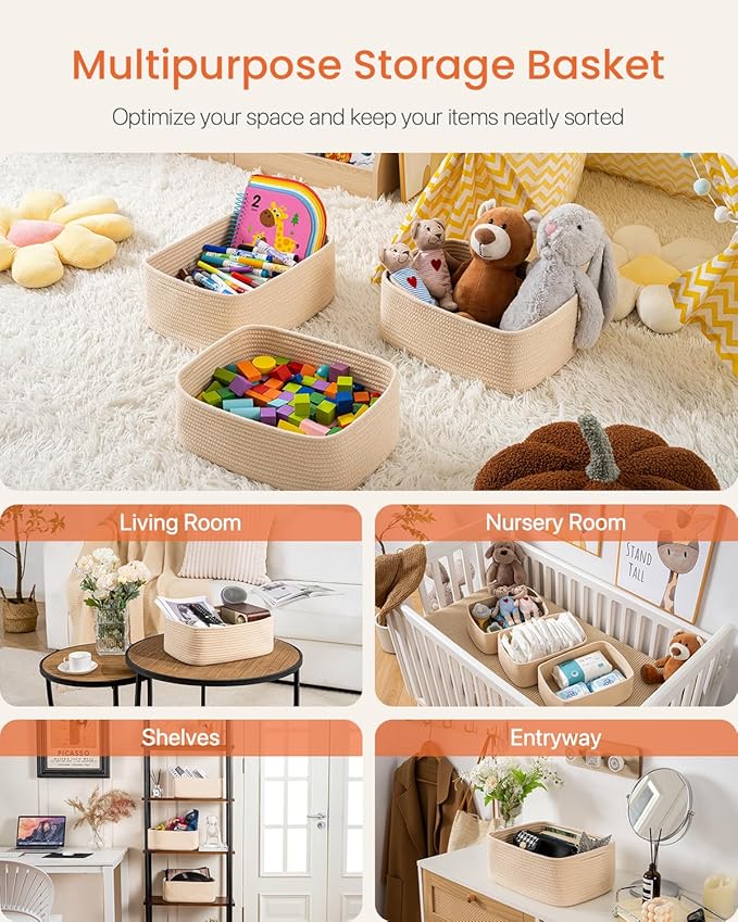 KALLAX Small Woven Basket, 13.5 x 9.5 x 5 Inches, Storage Basket for Organizing, Cute Small Rope Shelf Closet Cube Storage Bins Baskets for Shelves, Dog Toy Gift Baskets Empty, 3 Packs, Beige-Ruum Studio Home