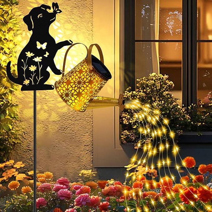 Solar Lights Outdoor Decorative, Watering Can with Cascading Lights, with Dog Silhouette Garden Stakes, Waterproof Metal Garden Decor for Yard Art, Outside, Patio, Lawn Ornaments(1 Pack)-Ruum Studio Home