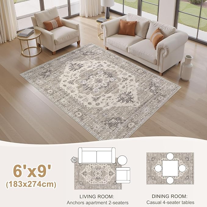Washable Area Rugs for Living Room -6x9 Neutral Vintage Distressed Floral Farmhouse Boho Large Soft Floor Rug Indoor Non Slip Carpet for Living Room Bedroom Dining Room Office-Brown/Beige-Ruum Studio Home
