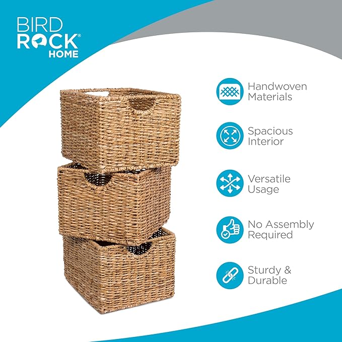 BIRDROCK HOME Storage Shelf Organizer Baskets with Handles - Handwoven Abaca Seagrass Wicker Basket for Pantry, Living Room, Office & Bathroom, Versatile Under Shelf Storage - Set of 3, Natural-Ruum Studio Home