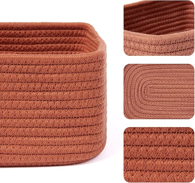 Small Storage Baskets for Organizing | Closet Organizer Bins | Shelf Toy Basket | Woven Rope Baskets | Cube Decorative Box | Shallow Basket | 11.5x7.5x4.7” | 4 Packs Oxide Red-Ruum Studio Home