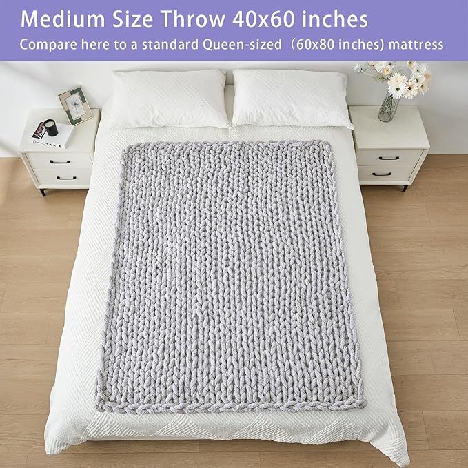 Bigacogo Chunky Knit Throw Blanket for Couch, 40x60 inches, 100% Hand Knitted with Thick Jumbo Chenille Yarn, Cozy Soft Large Rope Knot Cable Crochet Blankets for Sofa Bed Living Room, Light Grey-Ruum Studio Home