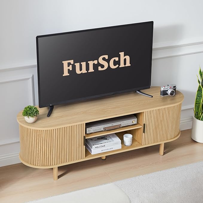 54" Tambour Door TV Stand,Wood Mid Century Modern TV Cabinet for Up to 65“ TV,Curved Edge Long TV Stand with Storage for Bedroom Living Room(Natural, 54inch)-Ruum Studio Home