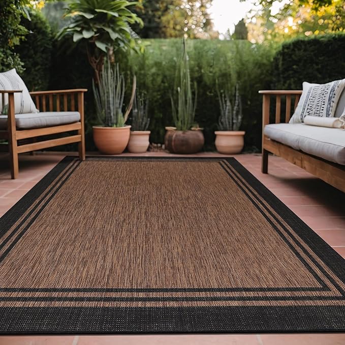 Bordered Outdoor Rug 6x9 Washable Outside Carpet for Indoor Patio Porch Waterproof Easy Cleaning Non Shedding Area Rugs Nut Brown 6 x 9-Ruum Studio Home