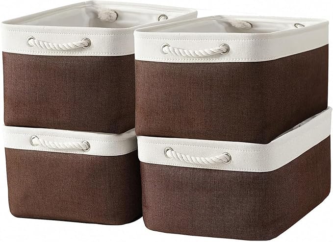 Organization and Storage Basket for Organizing - 16x12x8 inch Large 4 Pack Fabric Storage Cube Collapsible Storage Bins for Shelves, Storage Box for Cloth Books Canvas(White & Flaxen)-Ruum Studio Home