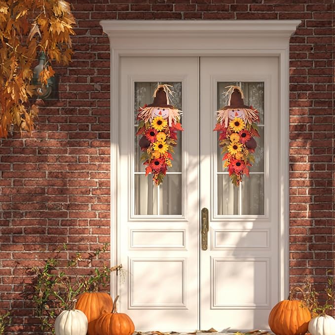 24" Rustic Fall Scarecrow Teardrop Swag – Farmhouse Sunflower & Pumpkin Wreath – Autumn Harvest Hanging Decor for Front Door, Wall, Porch, Indoor/Outdoor-Ruum Studio Home