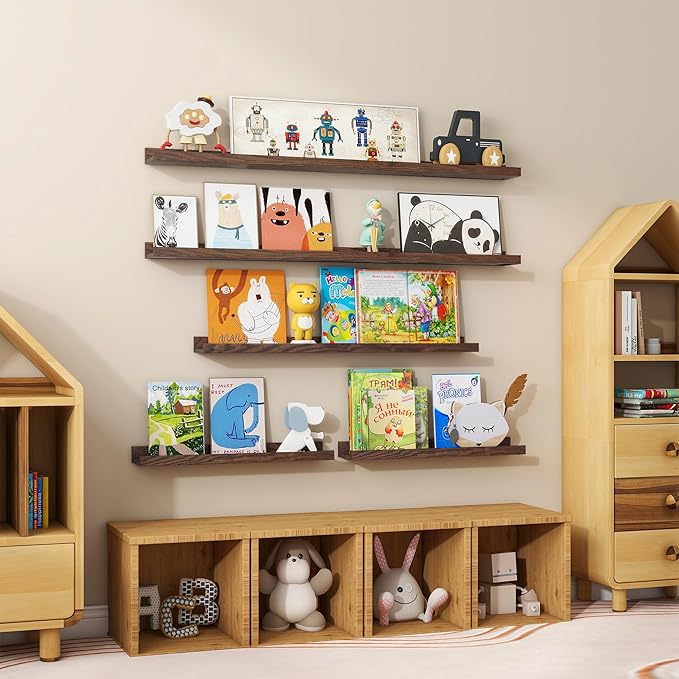 Floating Picture Ledge Shelves 48 Inch Solid Oak Wood Set of 2, Rustic Wall Storage Shelves with Lip, Kids Bookshelf, Photo & Picture Ledge Shelves for Bedroom, Living Room, Kitchen-Ruum Studio Home