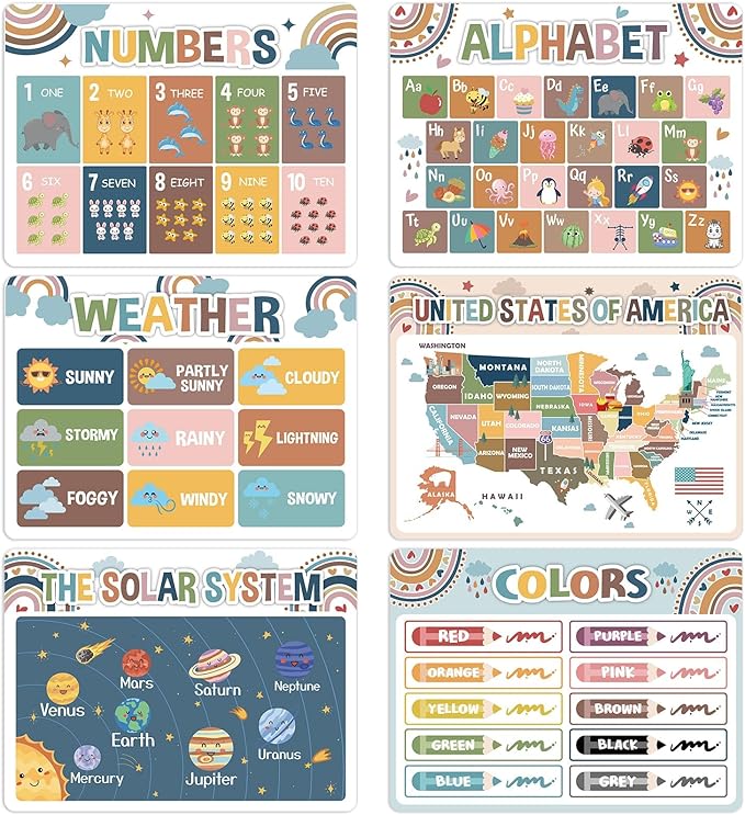 Educational Preschool Kids Placemats Set of 6 Boho Plastic Table Mats Toddler Children Montessori Place Mats for Kids Washable Holiday Desk Decoration for Indoor Outdoor Party Kitchen Dining Table-Ruum Studio Home