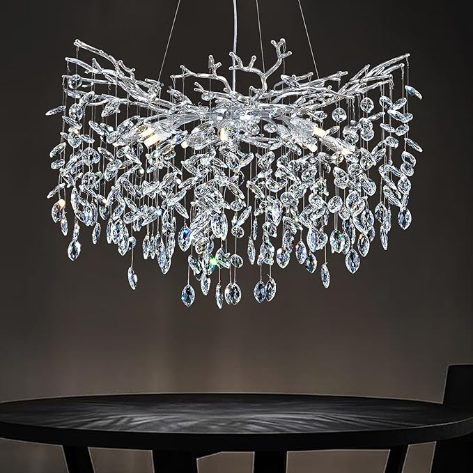 Modern Round Crystal Chandeliers, 30" Crystal Chandeliers for Dining Room,Silver Tree Branches Chandelier, for Living Room,High Ceiling,Foyer,Entryway,Kitchen Island-Ruum Studio Home