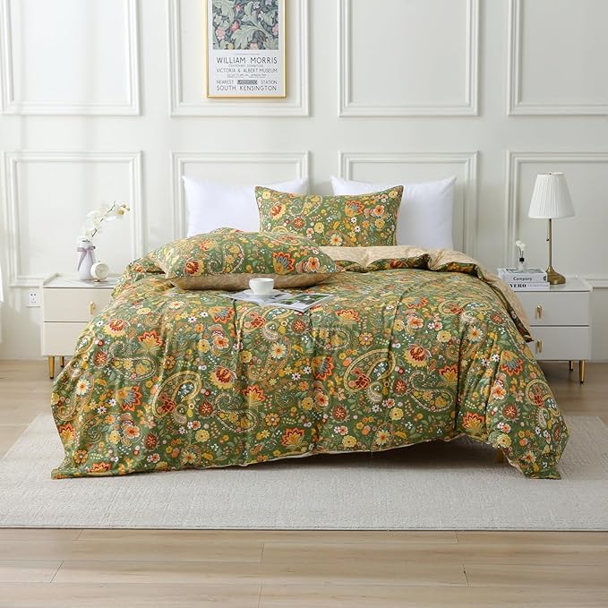 ABREEZE Paisley Bedding Sets 3Pcs Brushed Cotton Duvet Cover Set King Size Rustic Damask Green Floral Comforter Cover with Zipper Closure Boho Bedding Collections-Ruum Studio Home