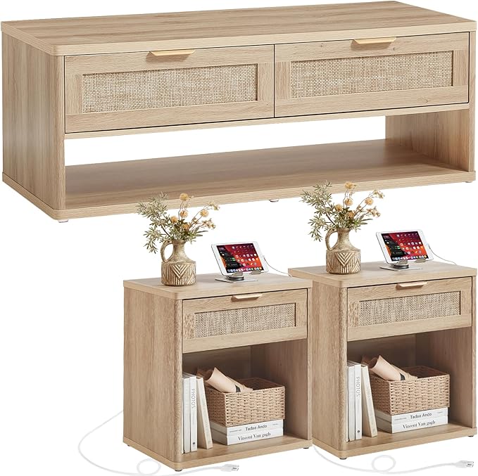 LEYAOYAO Boho Rattan Coffee Table Sets 3 Pieces, Nightstand with Charging Station and Coffee Table with Hidden Storage Compartment, Natural Living Room Table Set, Wood Furniture Sets for Home Office-Ruum Studio Home