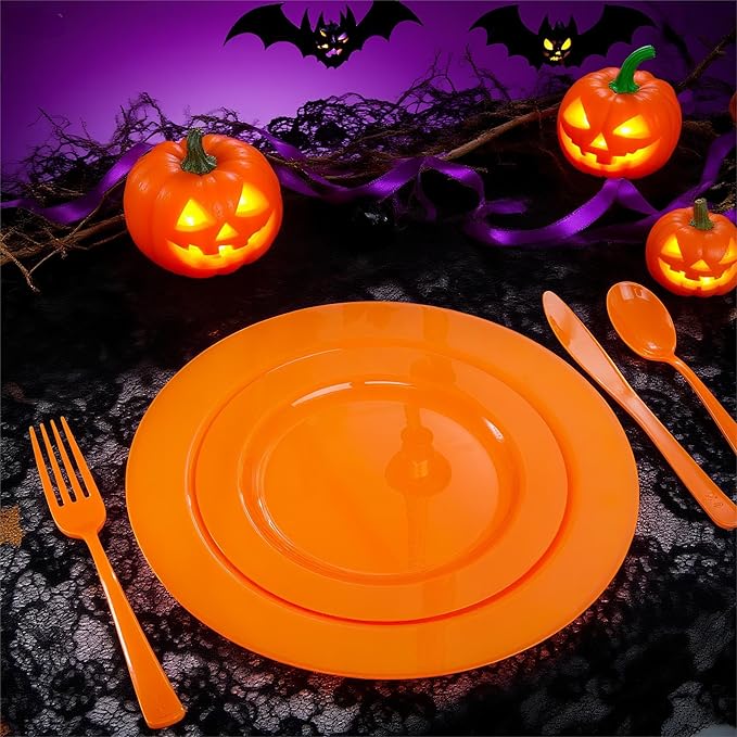 FLOWERCAT 60PCS Orange Plates - Heavy Duty Orange Plastic Plates Disposable for Halloween & Thanksgiving Party - Serve 30 Guests 10.25inch and 7.5inch-Ruum Studio Home